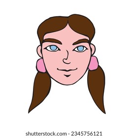 The face of a girl with two ponytails. Vector contour illustration in the style of doodle drawn by hand. Different and beautiful