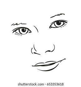 Face of girl, Vector line art sketch, Hand drawn illustration