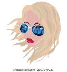 The face of a girl whose sunglasses reflect the sun and palm trees. The concept of summer holidays on the beach. illustration for your design. Vector.