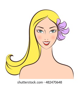 Face glamor girl blonde with a purple flower in the hair. Color.Vector