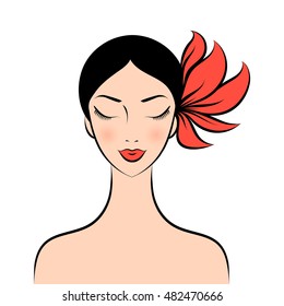 Face glamor girl brunette with a red flower in the hair. Color.Vector