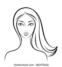 Face glamor girl with the long hair. Outline. Black.Vector