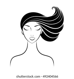 Face glamor girl with long hair. Outline. Black.Vector