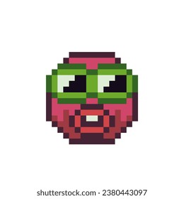 Face in glasses pixel art icon, emoticon head cartoon character red smiley. 8-bit style. Show language emotion. Flat style. Isolated abstract vector illustration.