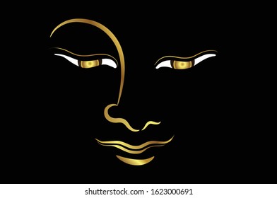 Face of golden buddha head with golden border element isolate on black background (Vector flat concept)