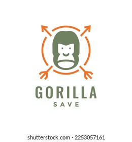 face gorilla with cross arrows save mascot cute minimal logo design vector icon illustration template