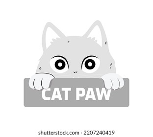 the face of a gray cat. cat face. A cat with its head sticking out with its paws. illustration cat