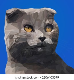Сlose-up of the face. Gray scottish fold cat in a polygon style. British cat. Portrait of a domestic pet cat. Fashion illustration of the trend in style low poly. Three quarter side view
