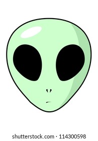 Face of the green alien with the big head and greater black eyes. The stylized image.