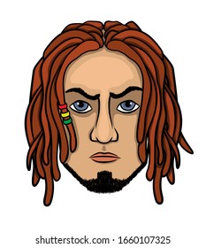 face of a guy with brown dreadlocks and blue eyes. stock illustration isolated on white background