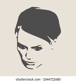 Face half turn view. Elegant silhouette of a female head. Short hair. Monochrome gamma.