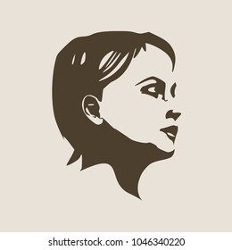 Face half turn view. Elegant silhouette of a female head. Short hair. Monochrome gamma.