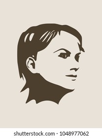 Face half turn view. Elegant silhouette of a female head. Short hair. Monochrome gamma.