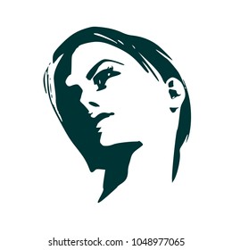 Face half turn view. Elegant silhouette of a female head. Short hair. Monochrome gamma.