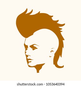 Face half turn view. Elegant silhouette of a female head. Vector Illustration. Mohawk hair style. Monochrome gamma.