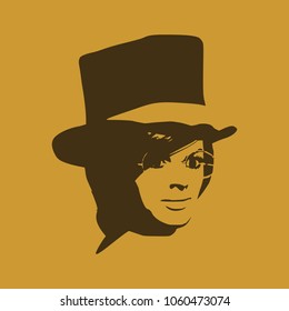 Face half turn view. Elegant silhouette of a woman wearing top hat and spectacles