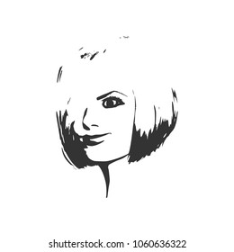 Face half turn view. Elegant silhouette of a female head. Portrait of a happy smiled woman