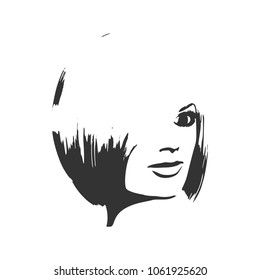 Face half turn view. Elegant silhouette of a female head. Portrait of a happy smiled woman