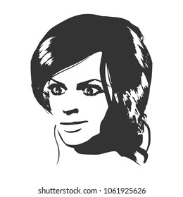 Face half turn view. Elegant silhouette of a female head. Portrait of a happy smiled woman