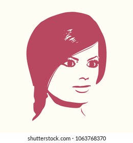 Face half turn view. Elegant silhouette of a female head. Portrait of a happy smiled woman