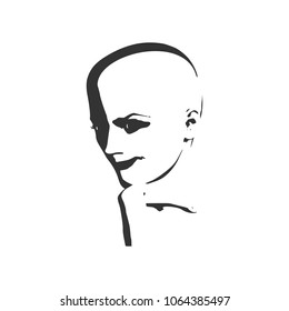 Face half turn view. Elegant silhouette of a female head. Portrait of a happy smiled woman