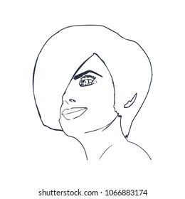 Face half turn view. Elegant outline silhouette of a female head. Portrait of a happy smiled woman