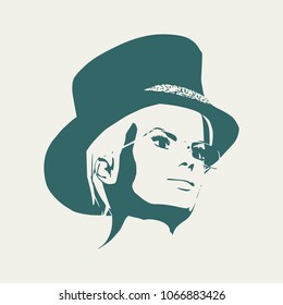 Face half turn view. Elegant silhouette of a woman wearing top hat and spectacles