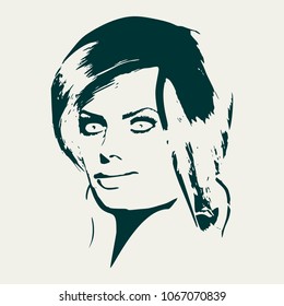 Face half turn view. Elegant silhouette of a female head. Portrait of a happy smiled woman