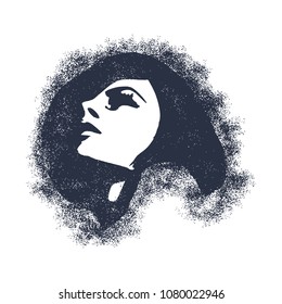 Face half turn view. Elegant silhouette of a female head composed of particles. Short hair.