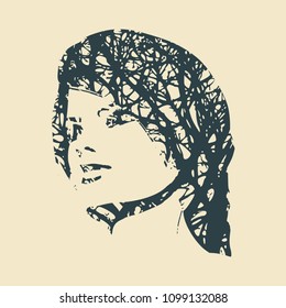 Face half turn view. Elegant silhouette of a head. Double exposure