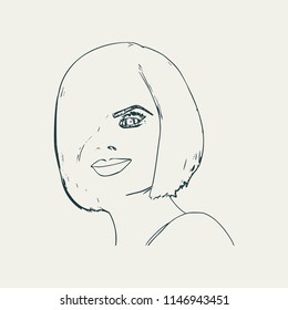 Face half turn view. Elegant outline silhouette of a female head. Portrait of a happy smile woman
