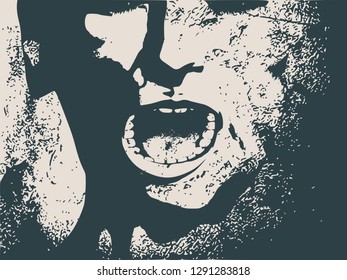 Face half turn view. Elegant silhouette of a female head. Angry woman with open mouth. Grunge distress texture.
