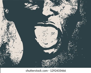 Face half turn view. Elegant silhouette of a female head. Angry woman with open mouth. Grunge distress texture.