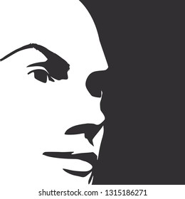 Face half turn view. Elegant silhouette of a female head.