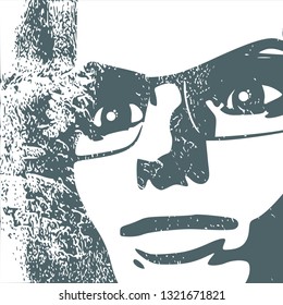Face half turn view. Elegant silhouette of a woman wearing spectacles. Grunge texture