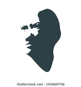Face half turn view. Elegant silhouette of a female head. Portrait of a serious woman