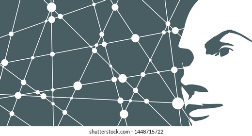 Face half turn view. Elegant silhouette of a female head. Molecule and communication background. Connected lines with dots.