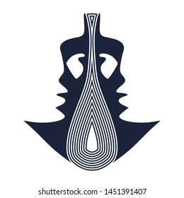 Face half turn view. Elegant silhouette of a two female heads.