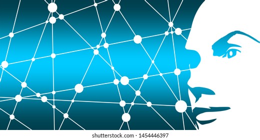 Face half turn view. Elegant silhouette of a female head. Molecule and communication background. Connected lines with dots.