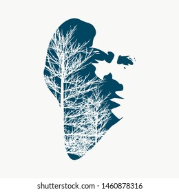 Face half turn view. Elegant silhouette of a female head composed of particles. Double exposure