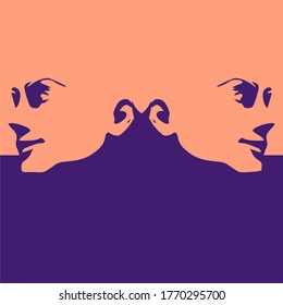 Vista de media vuelta. Silueta elegante de dos cabezas femeninas.