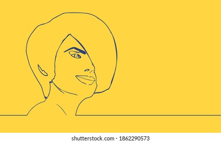 Face half turn view. Elegant outline silhouette of a female head. Portrait of a happy smiled woman. Thin line style