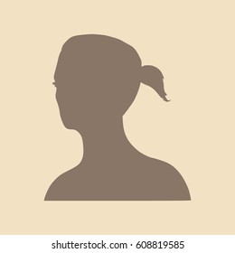 Face half turn view. Elegant silhouette of a female head. Vector Illustration. Ponytails hair style. Monochrome gamma.