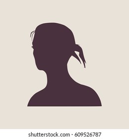 Face half turn view. Elegant silhouette of a female head. Vector Illustration. Ponytails hair style. Monochrome gamma.