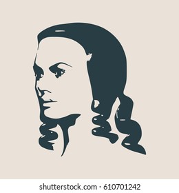 Face half turn view. Elegant silhouette of a female head. Vector Illustration. Long curly hair. Monochrome gamma.