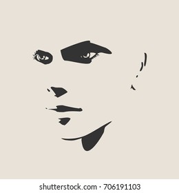 Face half turn view. Elegant silhouette of a female head. Vector Illustration. Monochrome gamma.