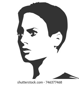 Face half turn view. Elegant silhouette of a female head. Monochrome gamma.