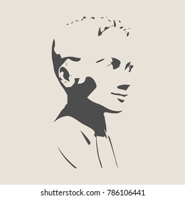 Face half turn view. Elegant silhouette of a female head. Short hair. Monochrome gamma.