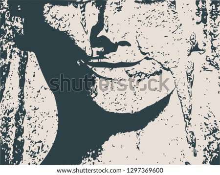 Face half turn view. Elegant silhouette of a female head. Portrait of a happy smiled woman