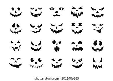 Gesichts Halloween Icon Set. Schwarzes graues Lächeln, Lächelnde Maske, Kürbisgrin. Geräumiges und lustiges Maultier. Gruselige Lakritze verfärbt Augen und Lächeln, abwechslungsreiches Mund und Nase. Isolierte Vektorgrafik-Silhouette